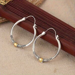 Etched Silver Hoop Earrings Vintage Style Secure Back Retro Fashion Jewelry New